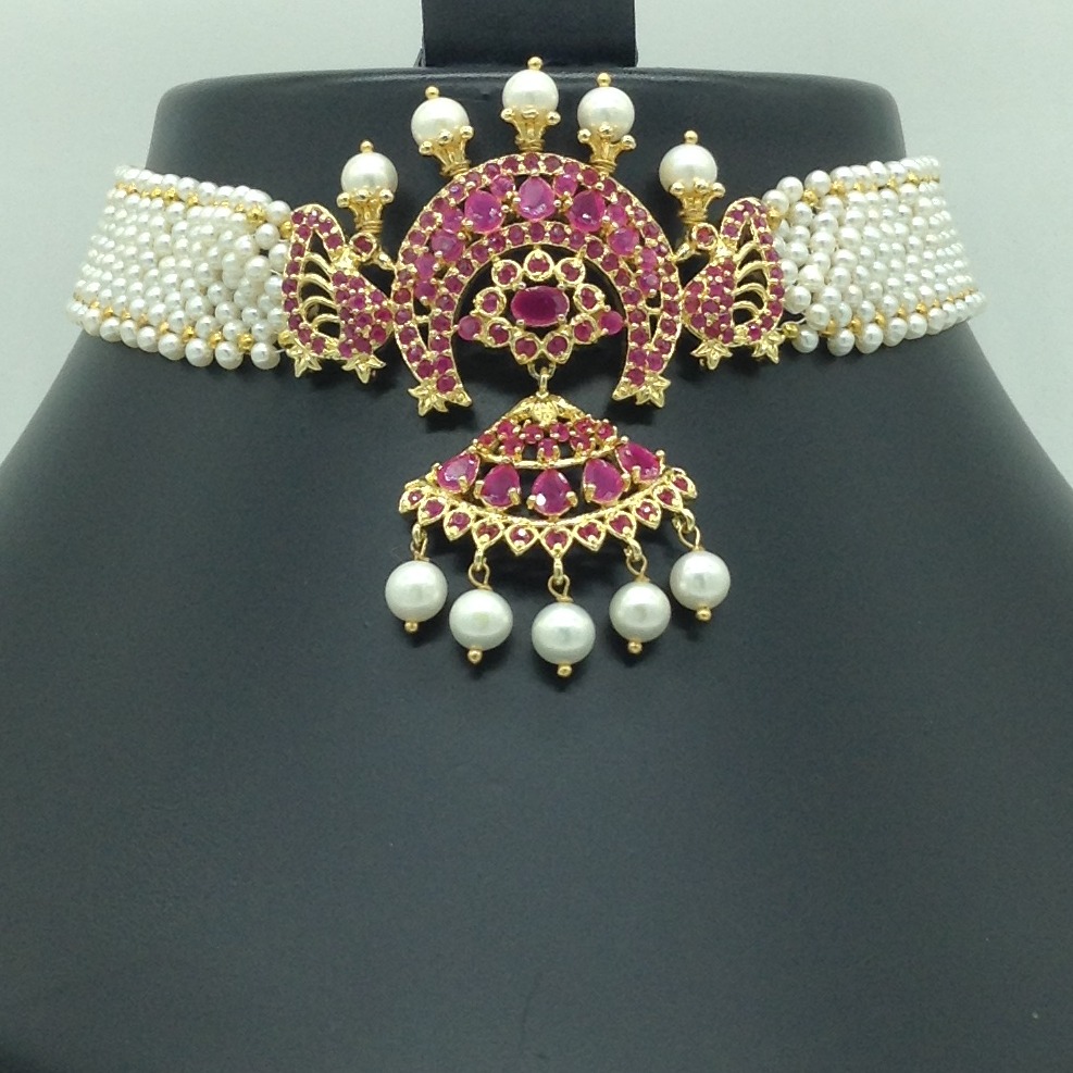 Red CZ and Pearls Choker Set With Seed Jali Pearls Mala JPS0626 - Image 2