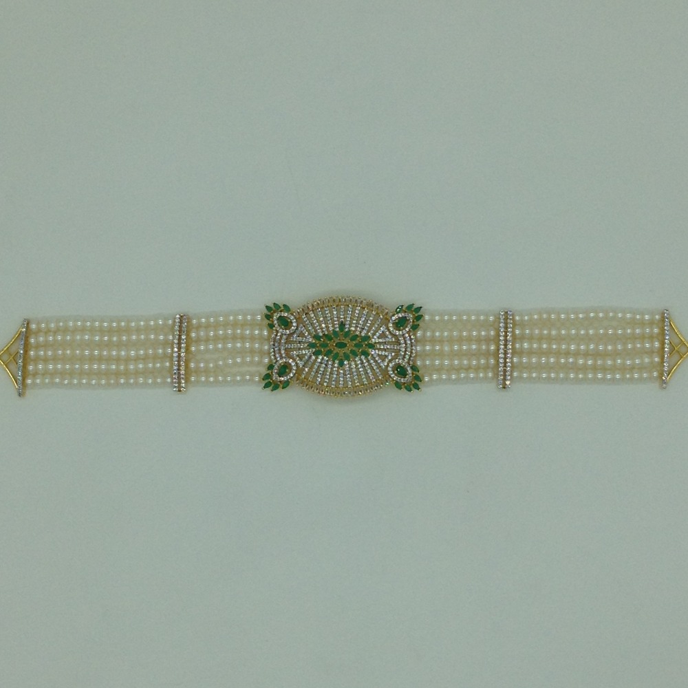 White and Green CZ Choker Set With 5 Line Flat Pearls Mala JPS0624 - Image 4