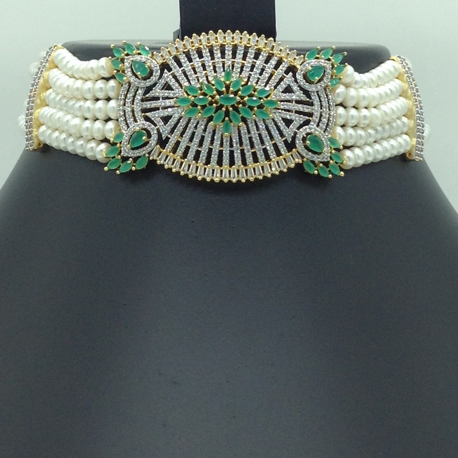 White and Green CZ Choker Set With 5 Line Flat Pearls Mala JPS0624 - Image 2