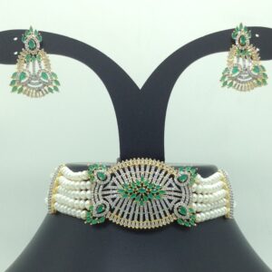 White and Green CZ Choker Set With 5 Line Flat Pearls Mala JPS0624