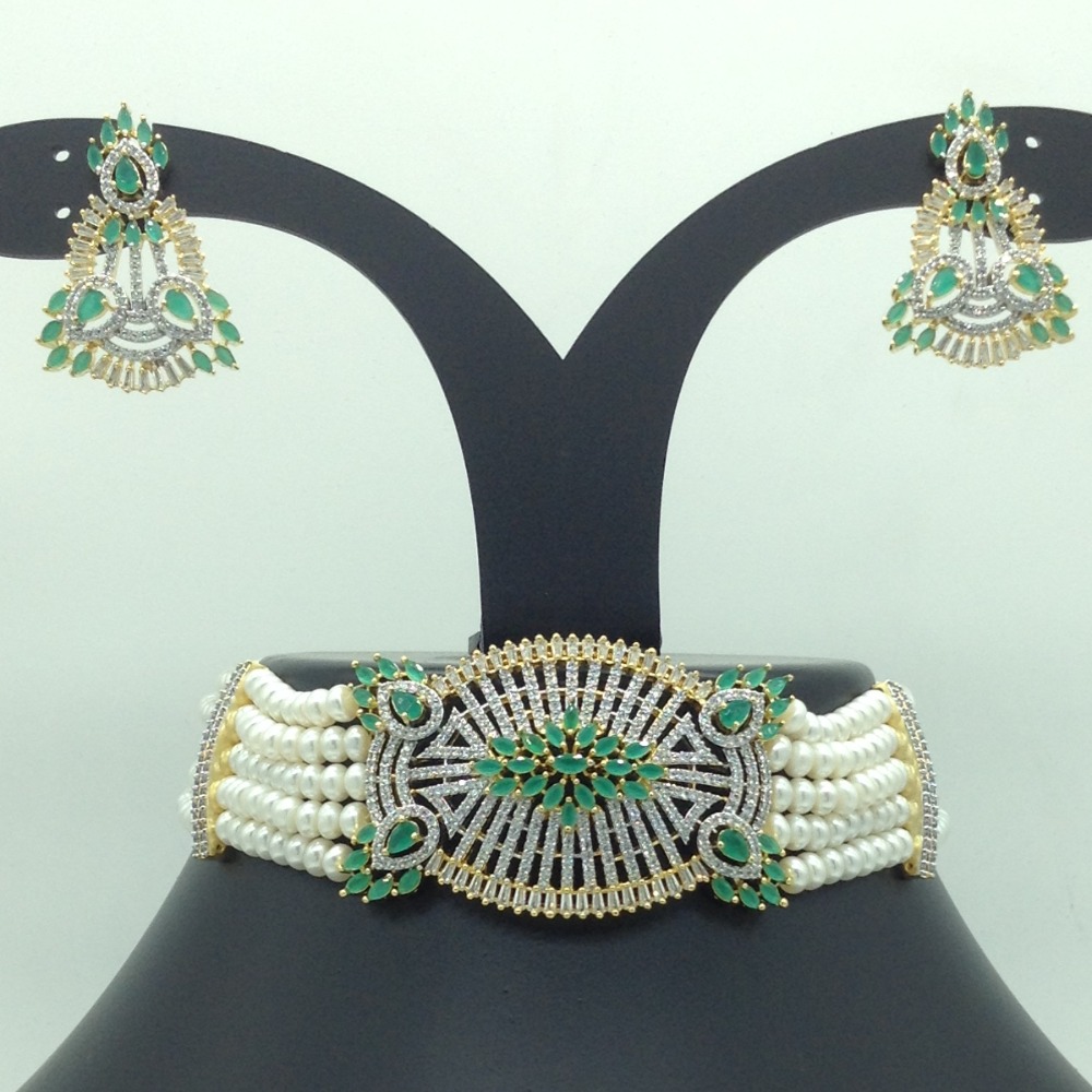 White and Green CZ Choker Set With 5 Line Flat Pearls Mala JPS0624