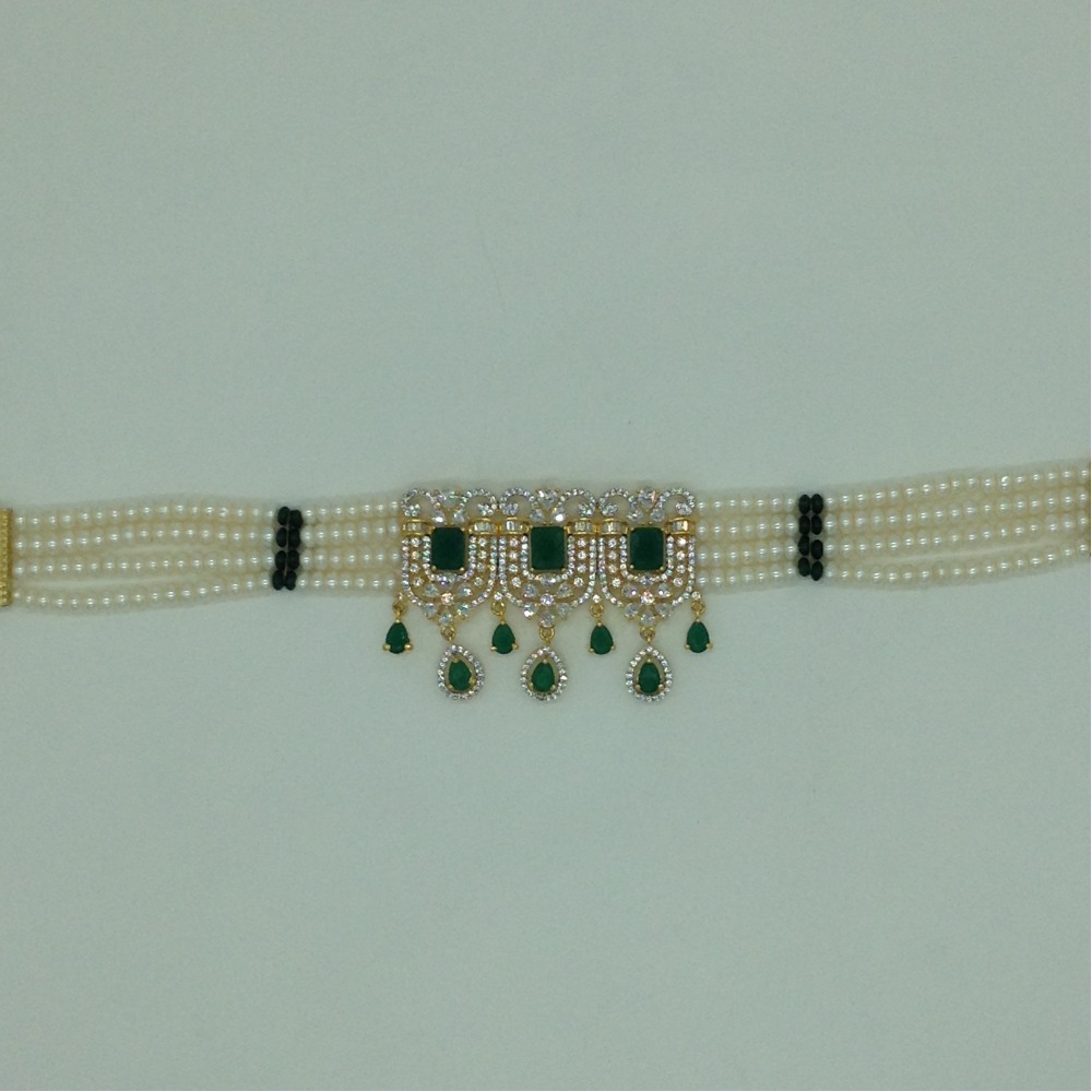 White and green cz choker set with 4 line flat pearls mala jps0623 - Image 4