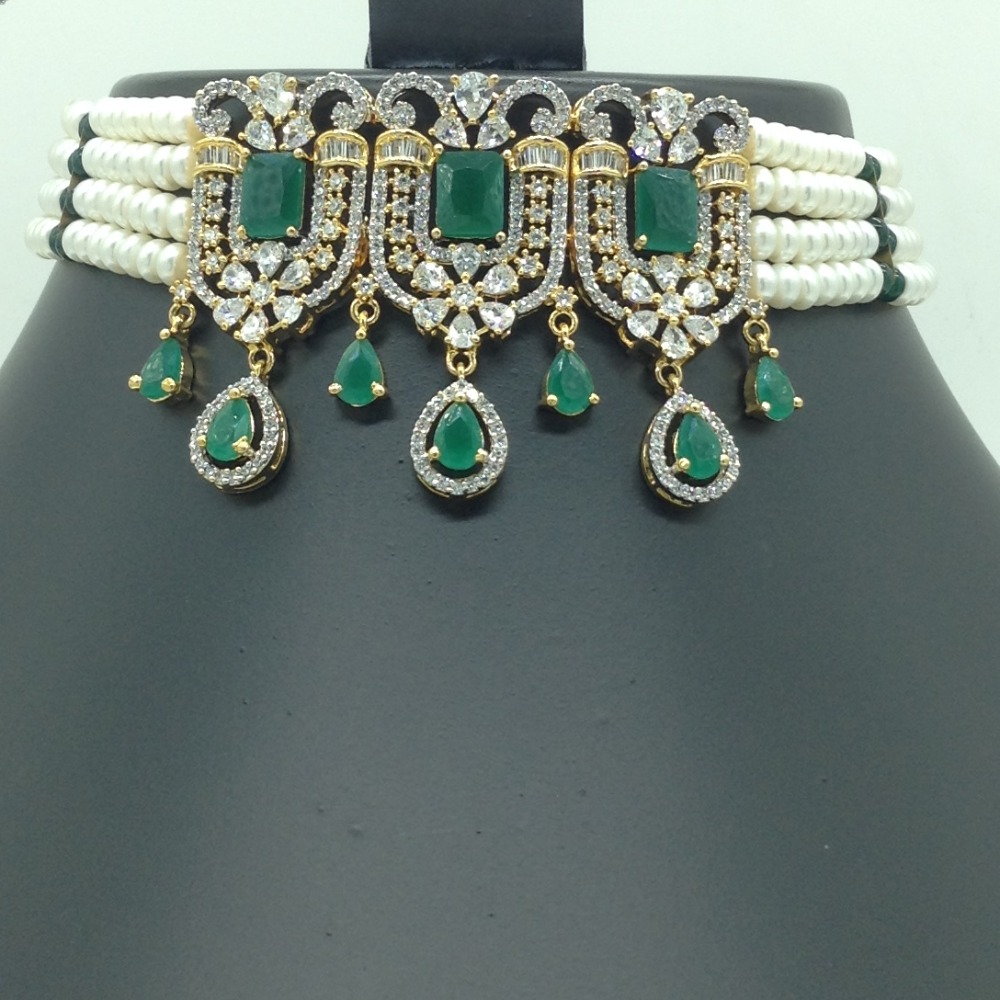 White and green cz choker set with 4 line flat pearls mala jps0623 - Image 2