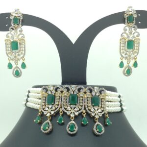 White and green cz choker set with 4 line flat pearls mala jps0623