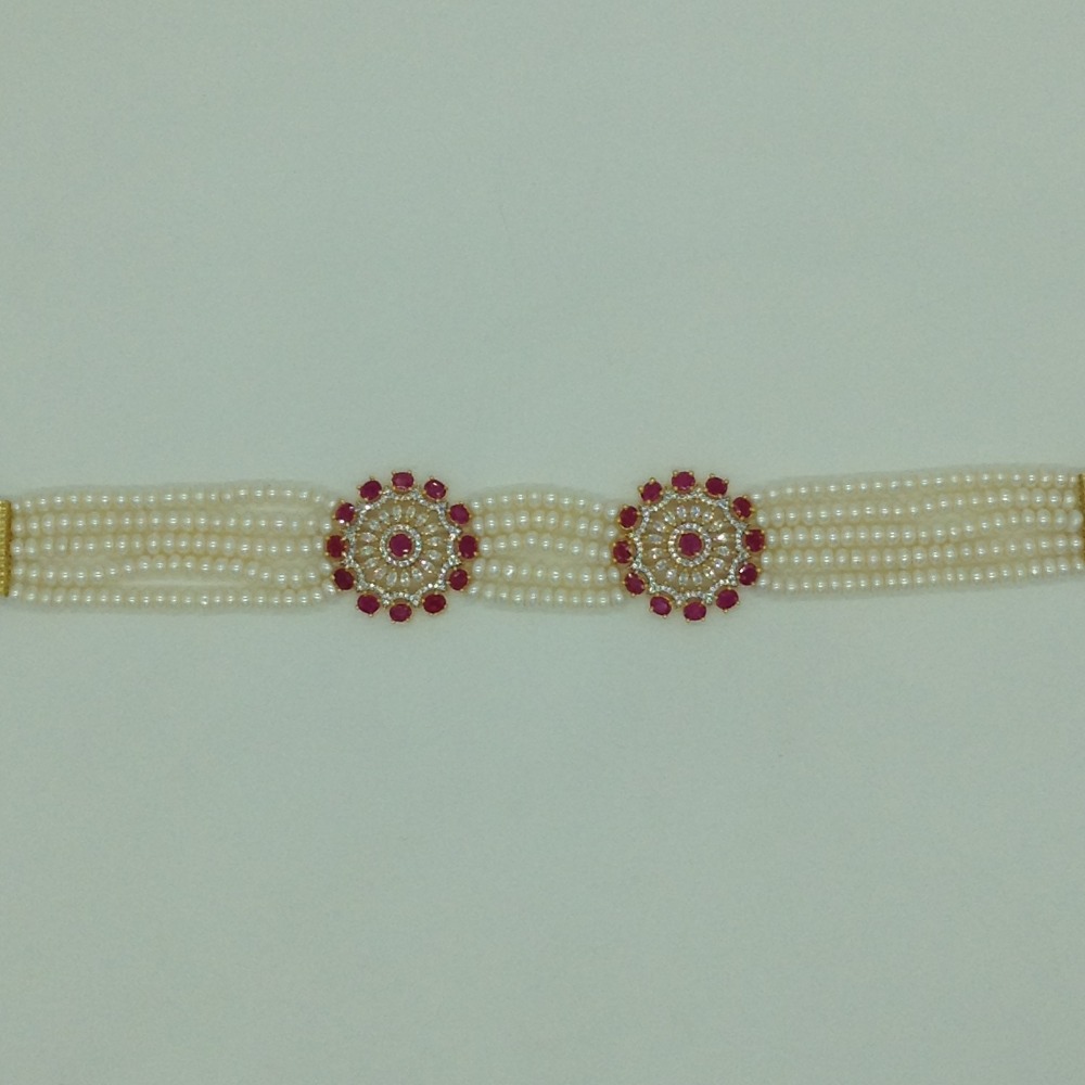 White and red cz choker set with 5 line flat pearls mala jps0622 - Image 4