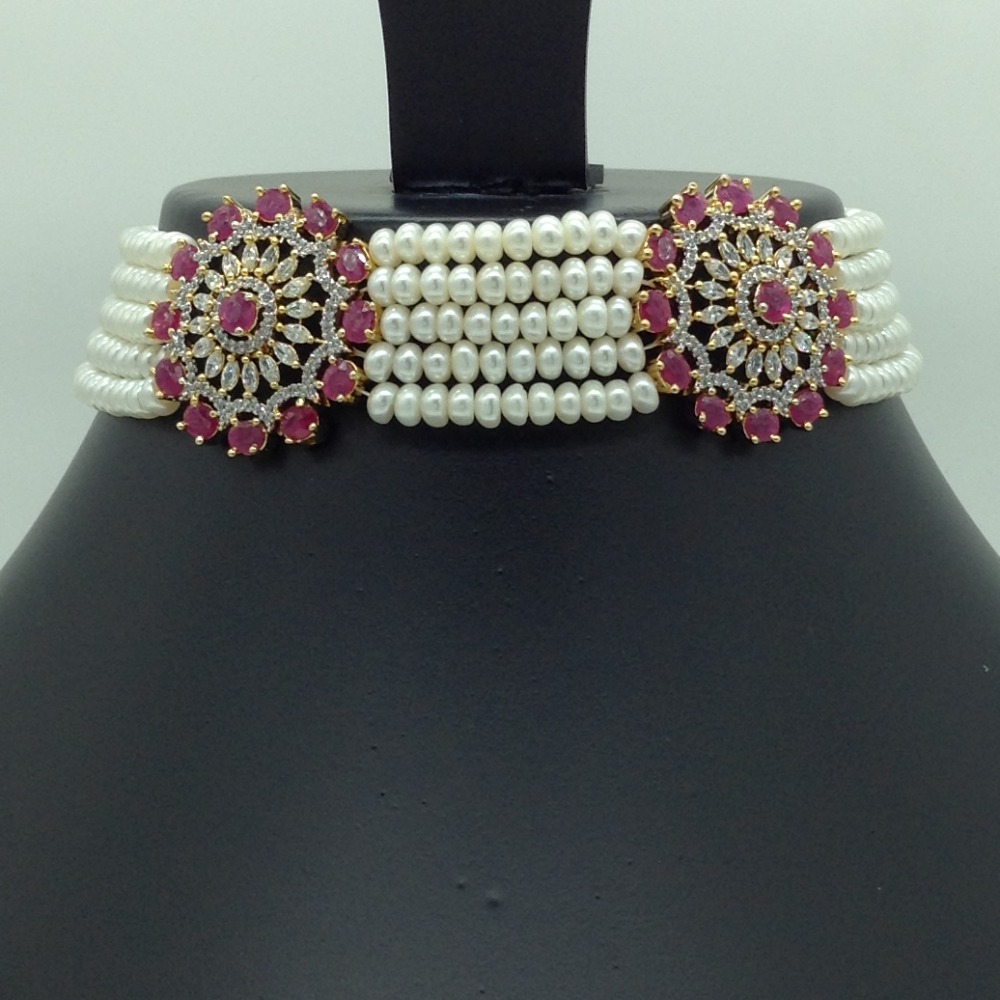 White and red cz choker set with 5 line flat pearls mala jps0622 - Image 2