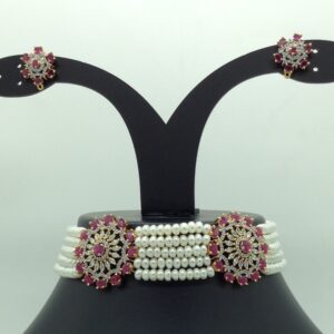 White and red cz choker set with 5 line flat pearls mala jps0622