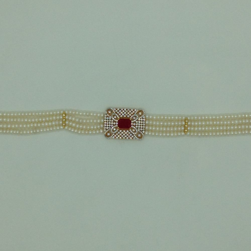 White and Red CZ Choker Set With 4 Line Flat Pearls Mala JPS0621 - Image 4