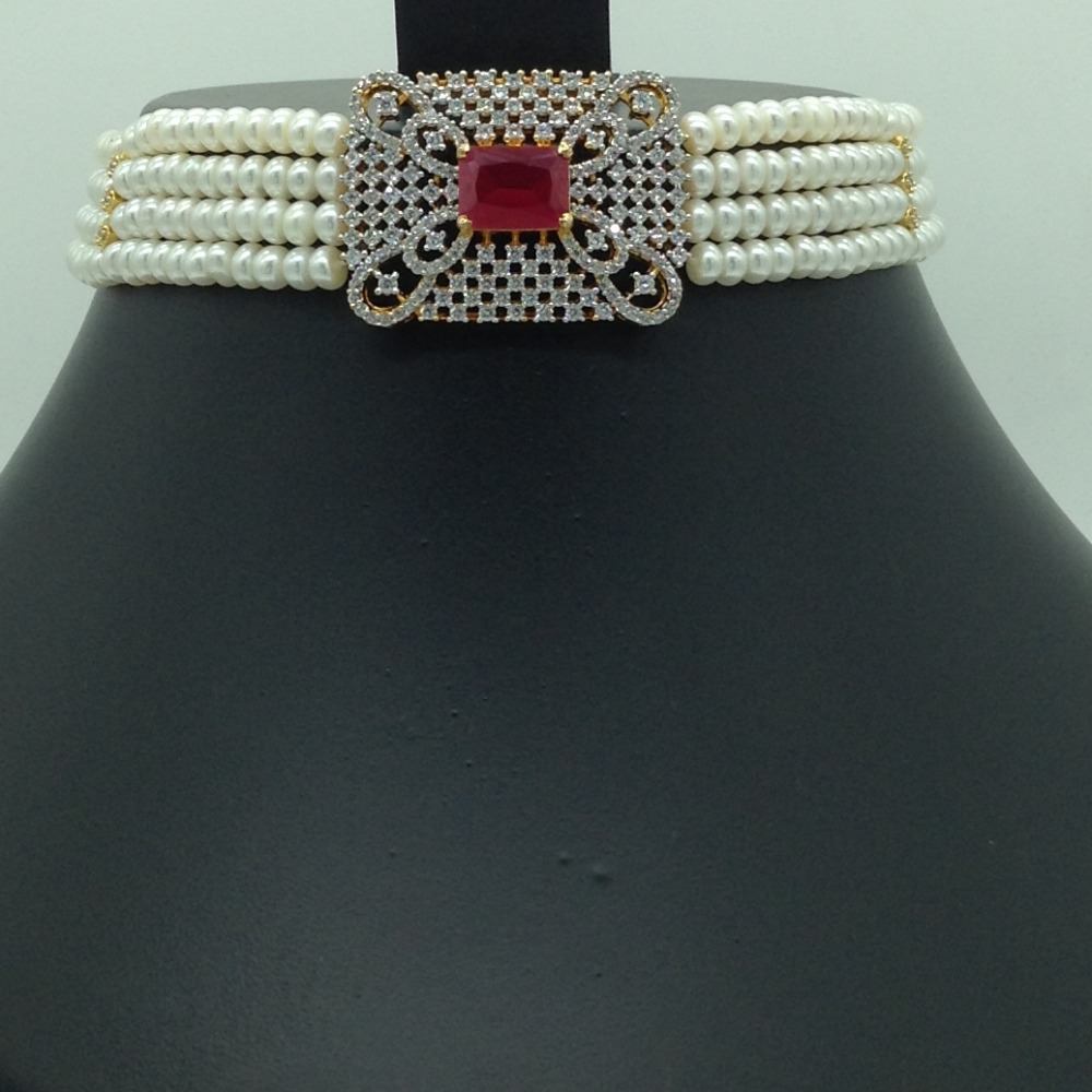 White and Red CZ Choker Set With 4 Line Flat Pearls Mala JPS0621 - Image 2