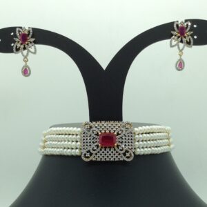 White and Red CZ Choker Set With 4 Line Flat Pearls Mala JPS0621