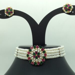 Tri Colour Choker Set With 4 Line Flat Pearls Mala JPS0620