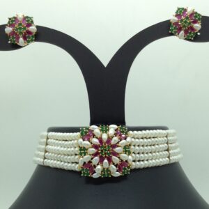 Tri Colour Choker Set With 5 Line Flat Pearls Mala JPS0619