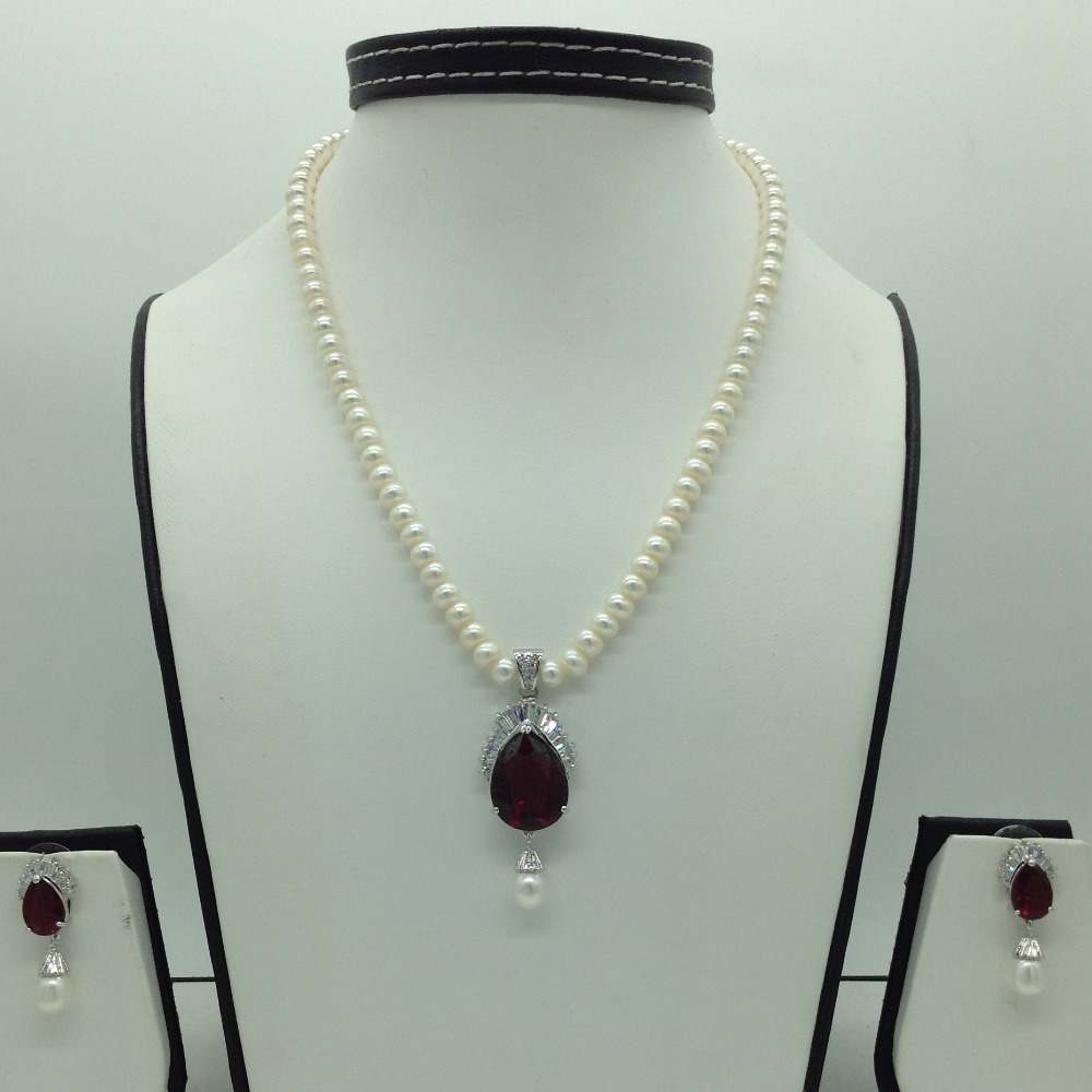 White,maroon cz pendent set with flat pearls mala jps0613