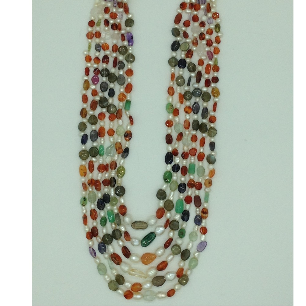 White Oval Pearls With Oval Semi Beeds 6 Layers Necklace JPM0393