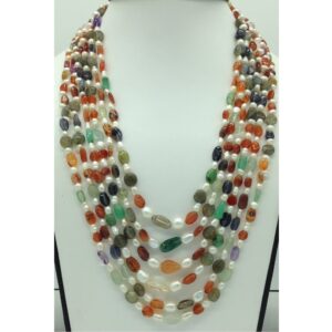 White Oval Pearls With Oval Semi Beeds 6 Layers Necklace JPM0393