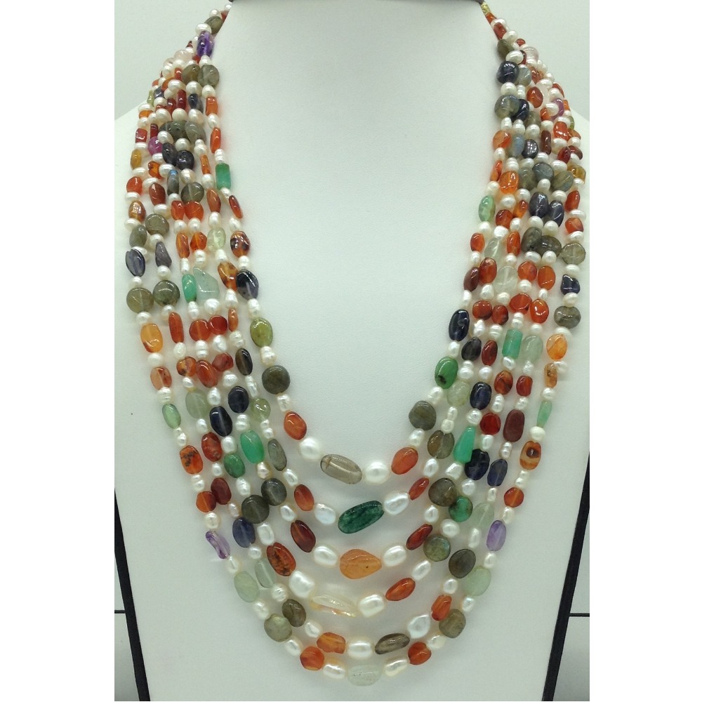 White Oval Pearls With Oval Semi Beeds 6 Layers Necklace JPM0393