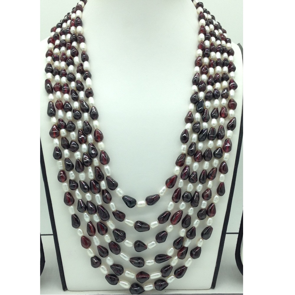 Freshwater White Pearls With Garnets 6 Layers Necklace JPM0391