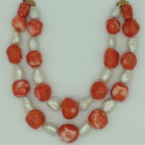 White Oval Baroque Pearls With Coral Drums Necklace JPM0388
