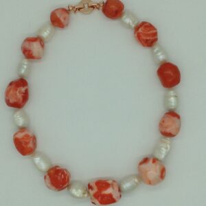 White Oval Baroque Pearls With Coral Drums Necklace JPM0387