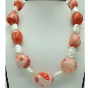 White Oval Baroque Pearls With Coral Drums Necklace JPM0387