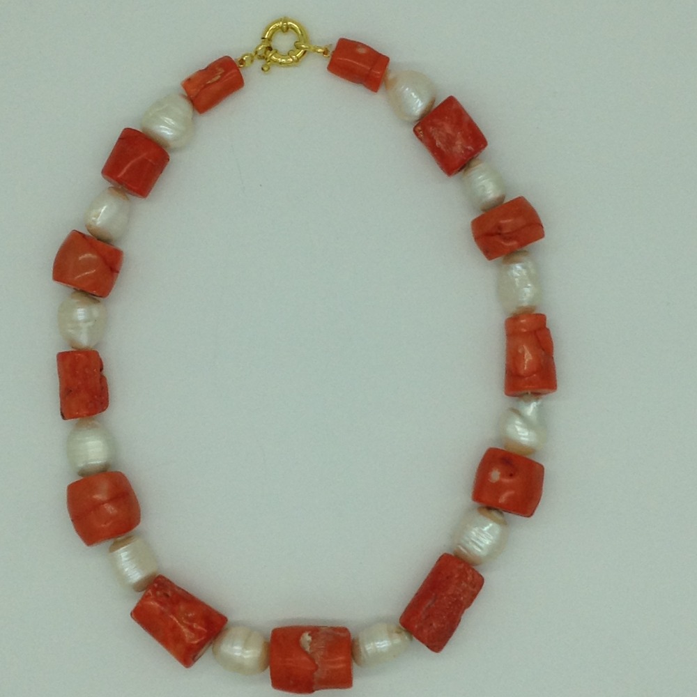 White Oval Baroque Pearls With Coral Drums Necklace JPM0386