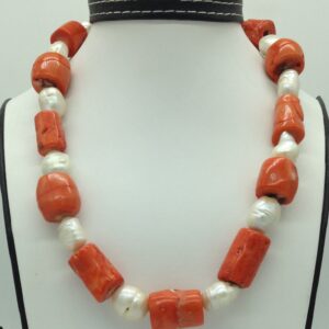 White Oval Baroque Pearls With Coral Drums Necklace JPM0386