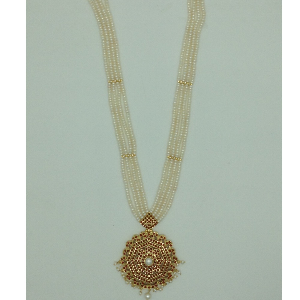 Corals and pearls ranihaar set with 4 line flat pearls jps0609