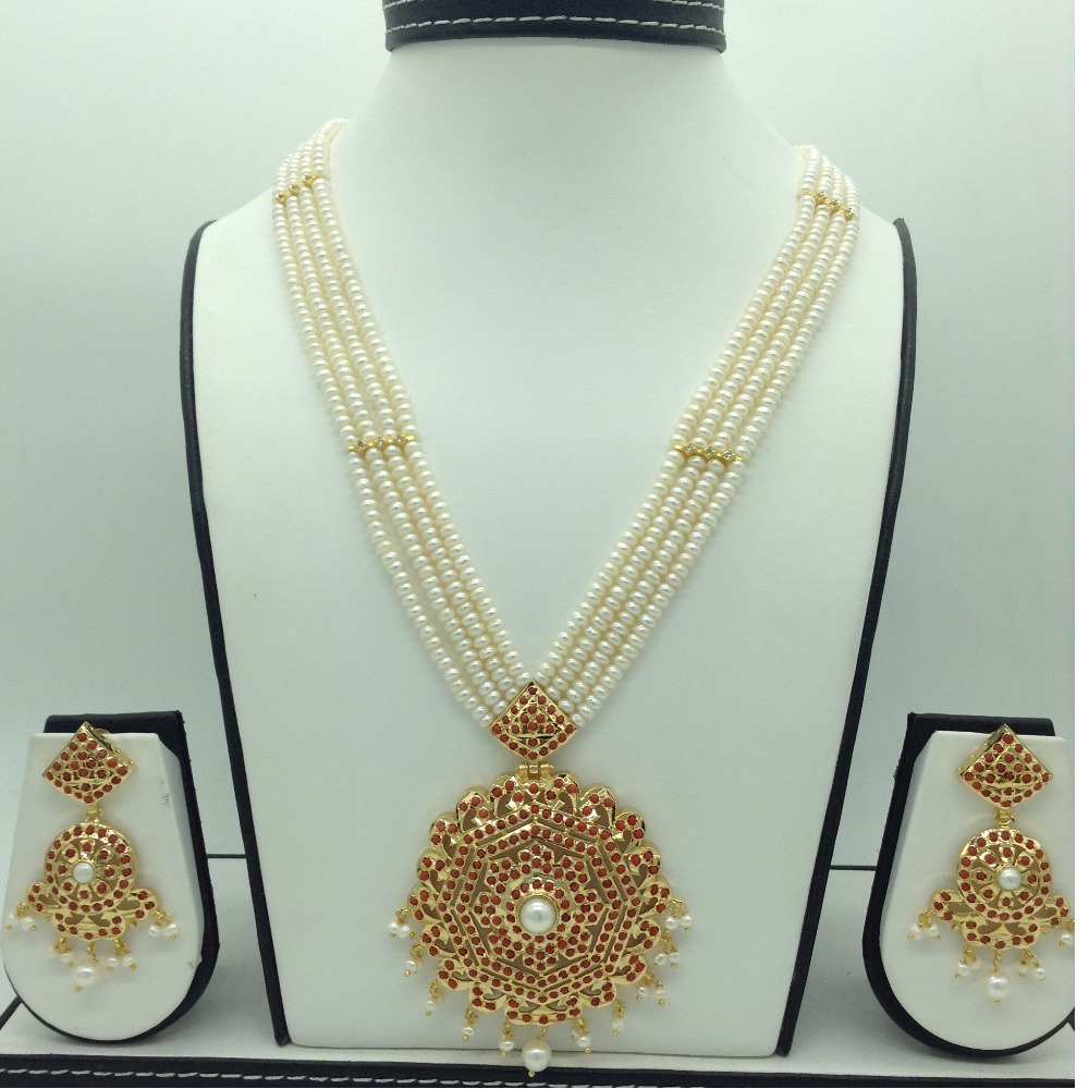Corals and pearls ranihaar set with 4 line flat pearls jps0609
