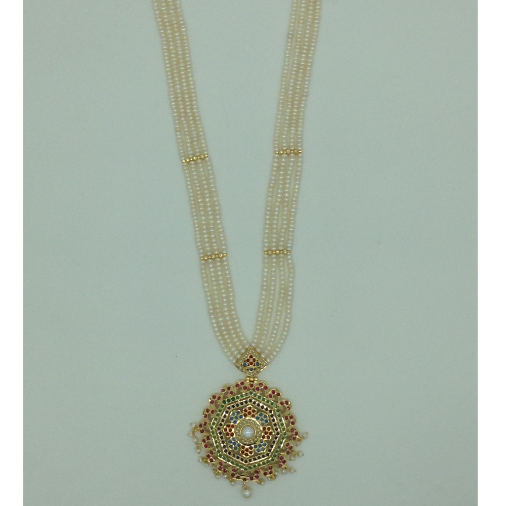 Navratan ranihaar set with 4 line flat pearls mala jps0608