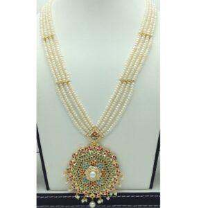 Navratan ranihaar set with 4 line flat pearls mala jps0608