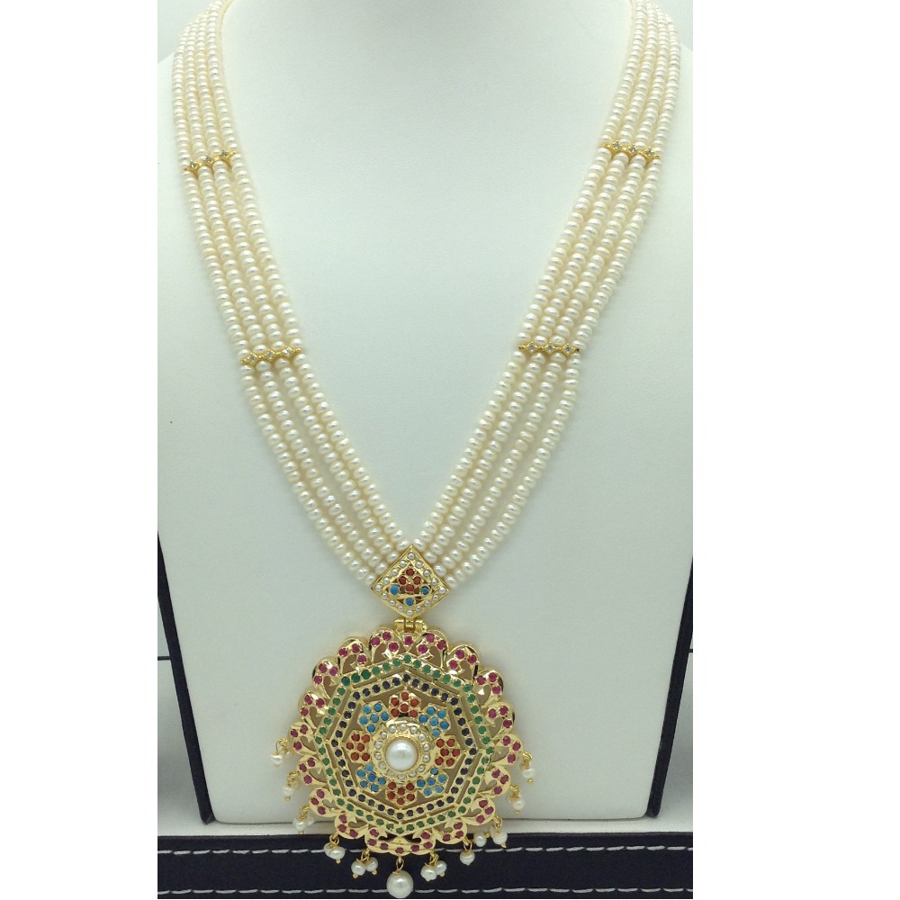 Navratan ranihaar set with 4 line flat pearls mala jps0608