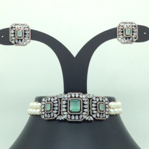 White,Green CZ Choker Set With Button Jali Pearls Mala JPS0593