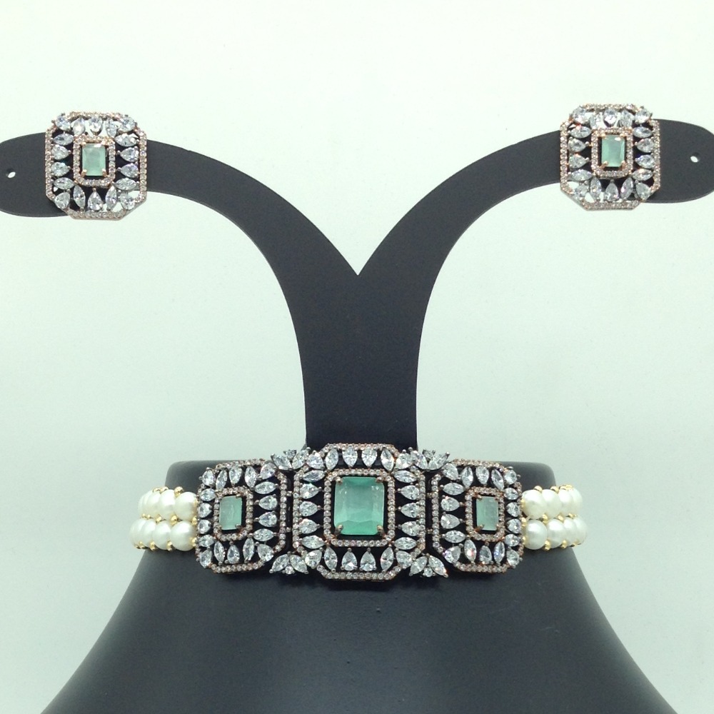White,Green CZ Choker Set With Button Jali Pearls Mala JPS0593