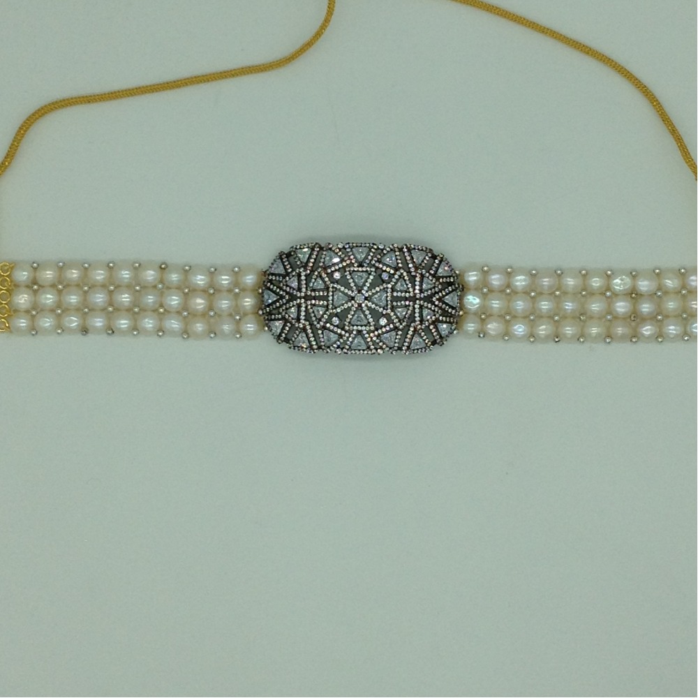 White CZ Stones Choker Set With Button Jali Pearls Mala JPS0592 - Image 4
