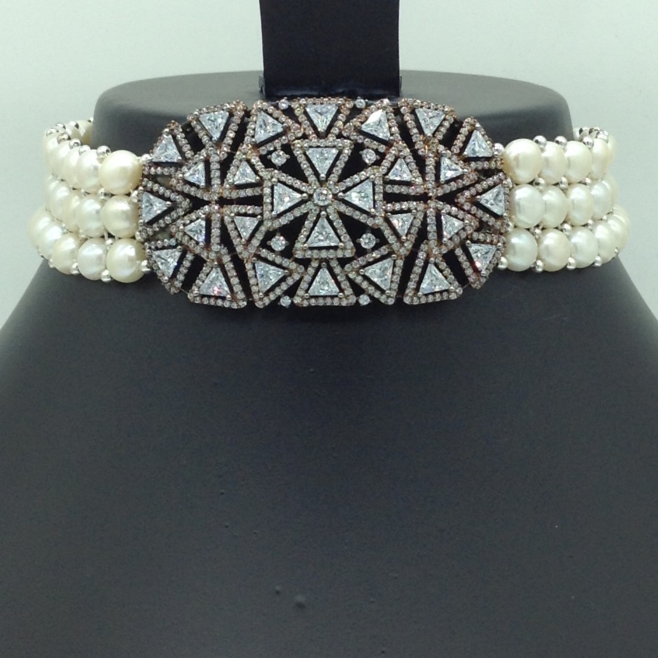 White CZ Stones Choker Set With Button Jali Pearls Mala JPS0592 - Image 2