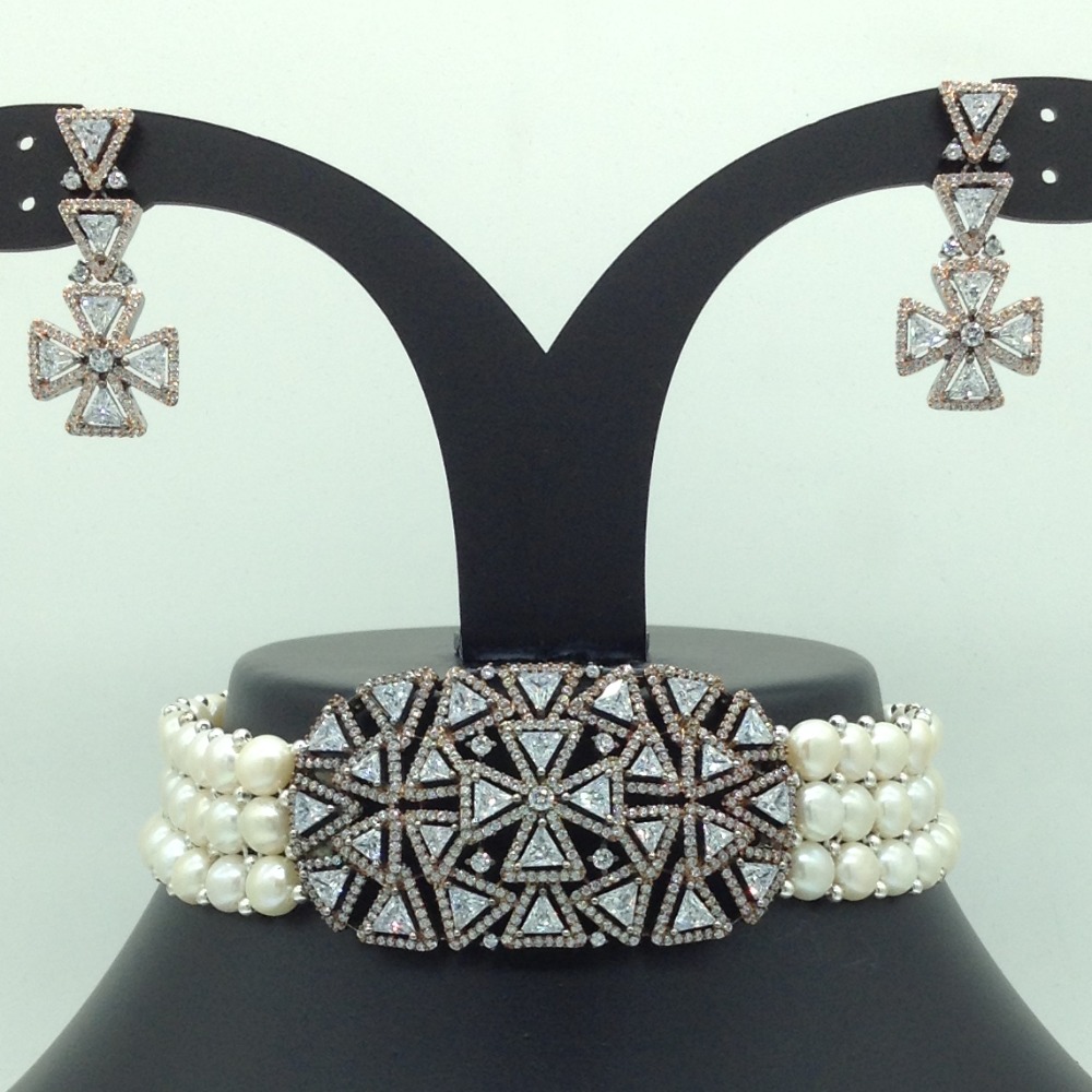 White CZ Stones Choker Set With Button Jali Pearls Mala JPS0592