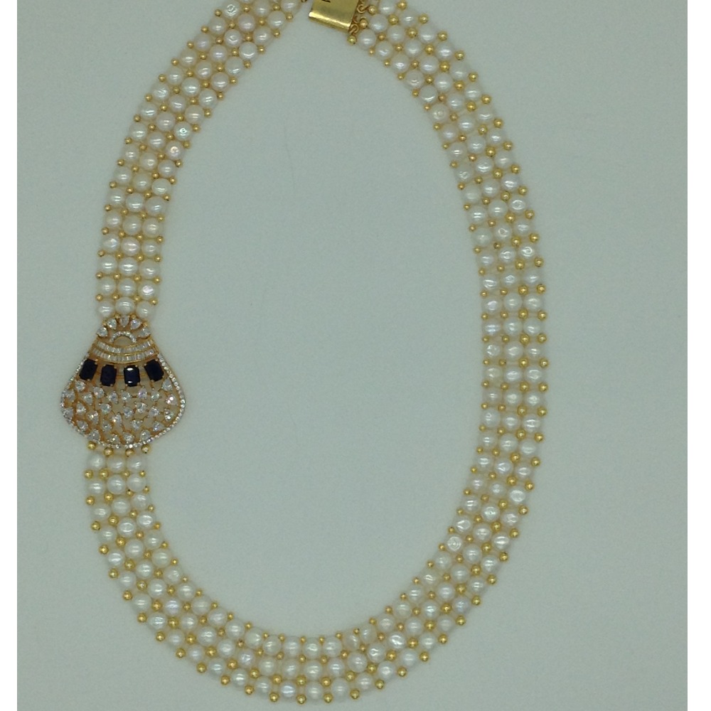 White,Black CZ Stones Broach Set With Button Jali Pearls Mala JPS0591 - Image 4
