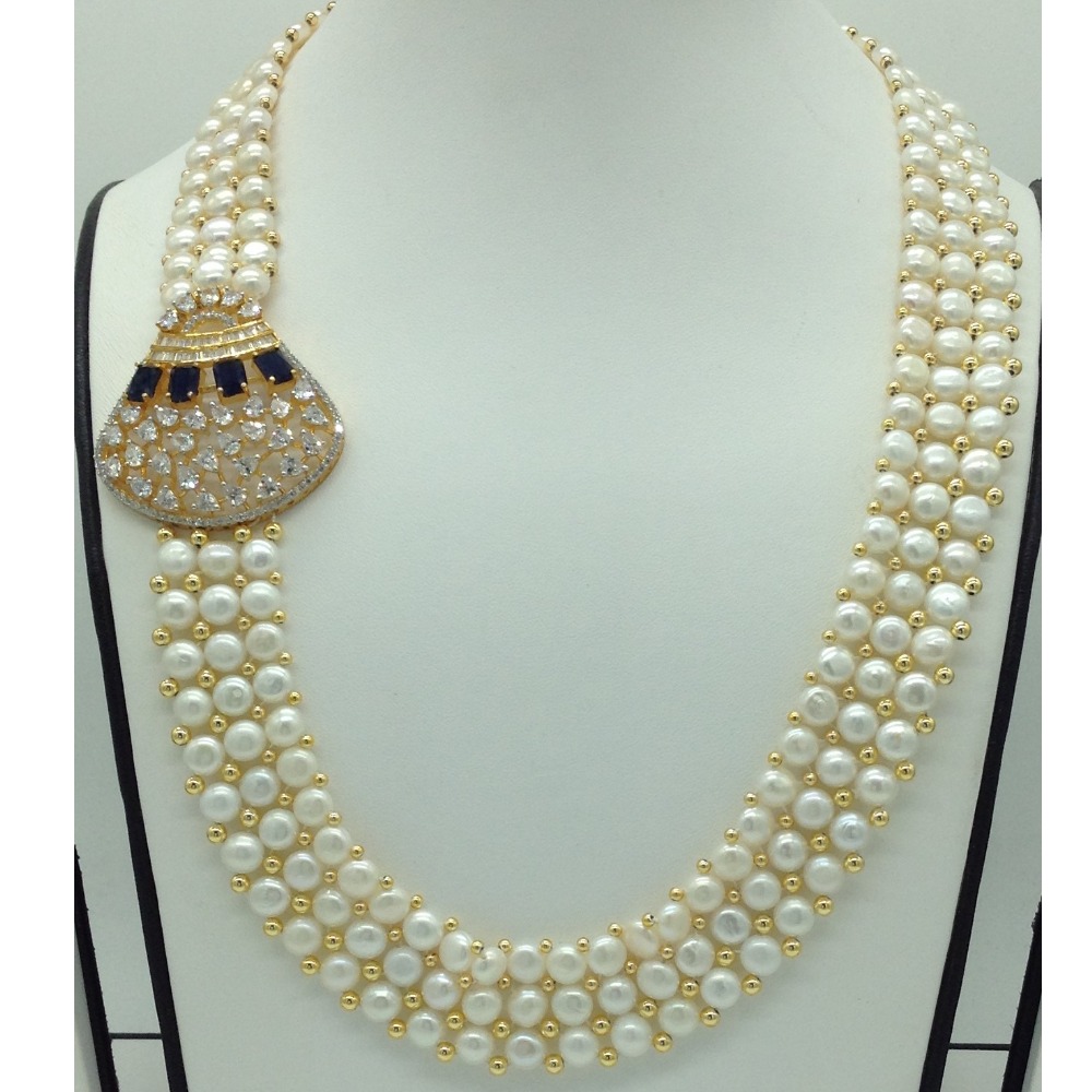 White,Black CZ Stones Broach Set With Button Jali Pearls Mala JPS0591 - Image 2