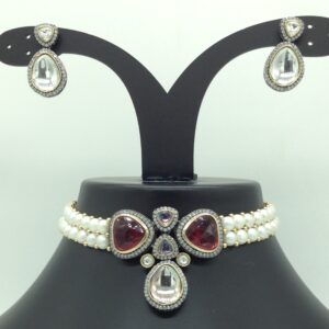 White,Red CZ Stones Choker Set With Button Jali Pearls Mala JPS0586