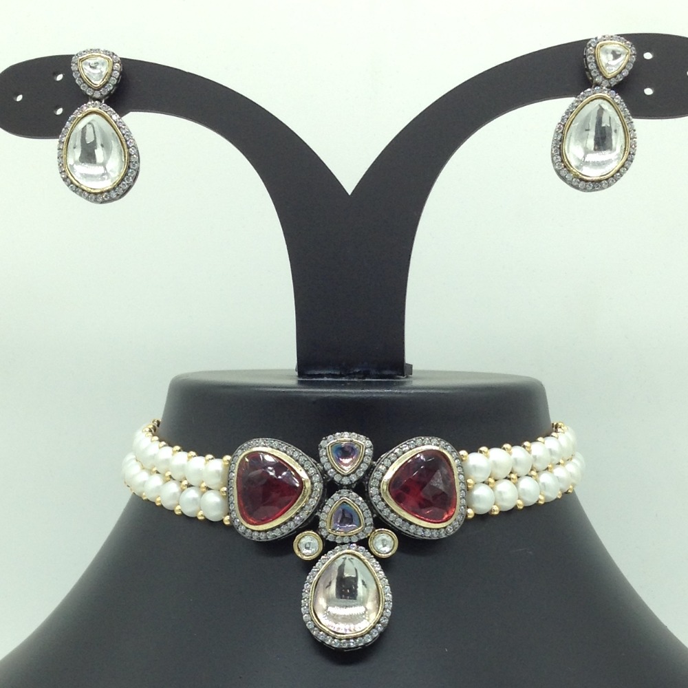 White,Red CZ Stones Choker Set With Button Jali Pearls Mala JPS0586