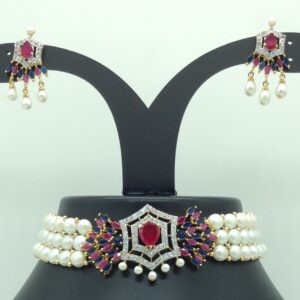 Tricolour CZ Stones Choker Set With Button Jali Pearls Mala JPS0584