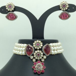 White,Red CZ Stones Choker Set With Button Jali Pearls Mala JPS0583