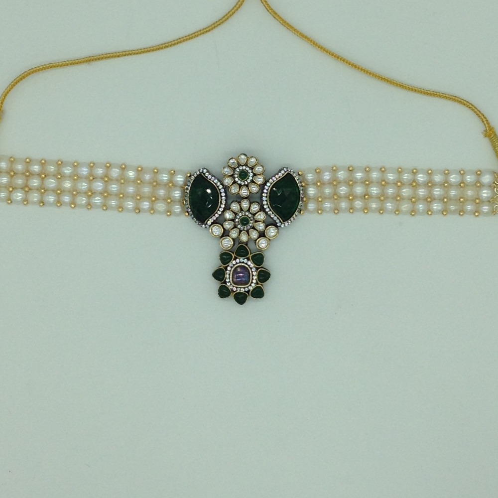 White,Green CZ Choker Set With Button Jali Pearls Mala JPS0582 - Image 4