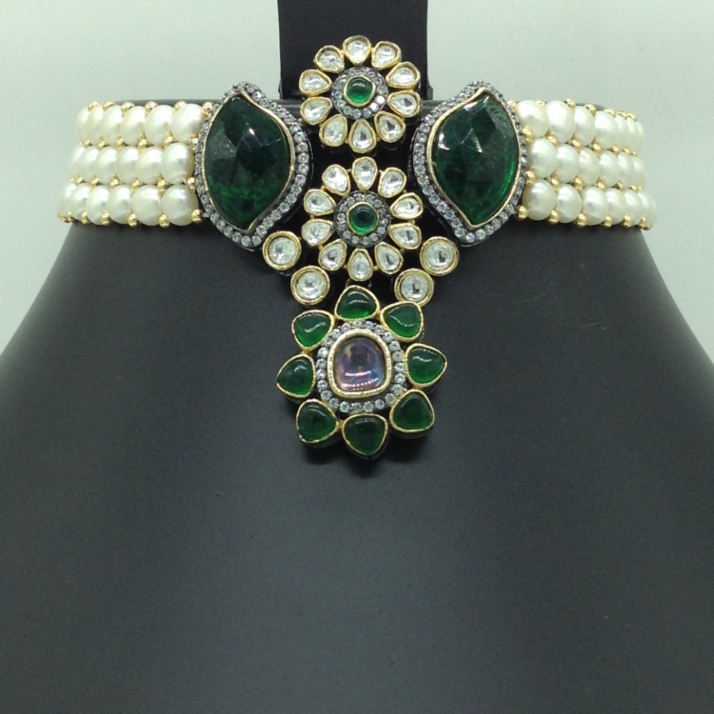 White,Green CZ Choker Set With Button Jali Pearls Mala JPS0582 - Image 2