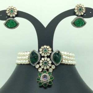 White,Green CZ Choker Set With Button Jali Pearls Mala JPS0582