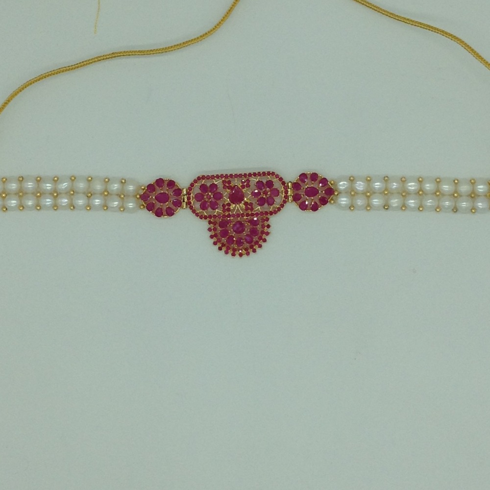 Red CZ Choker Set With 2 Line Button Jali Pearls Mala JPS0581