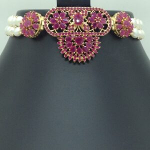 Red CZ Choker Set With 2 Line Button Jali Pearls Mala JPS0581