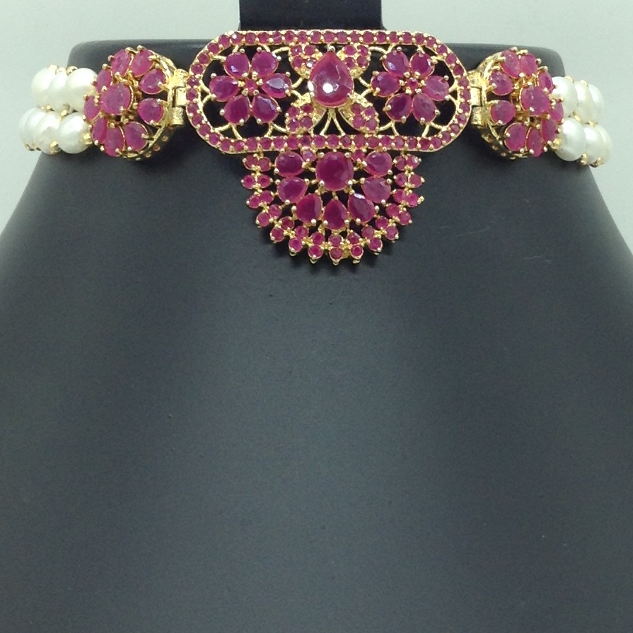 Red CZ Choker Set With 2 Line Button Jali Pearls Mala JPS0581