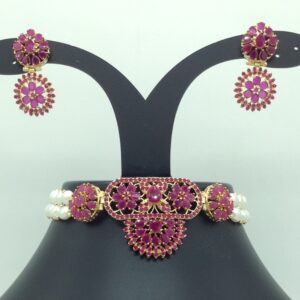 Red CZ Choker Set With 2 Line Button Jali Pearls Mala JPS0581