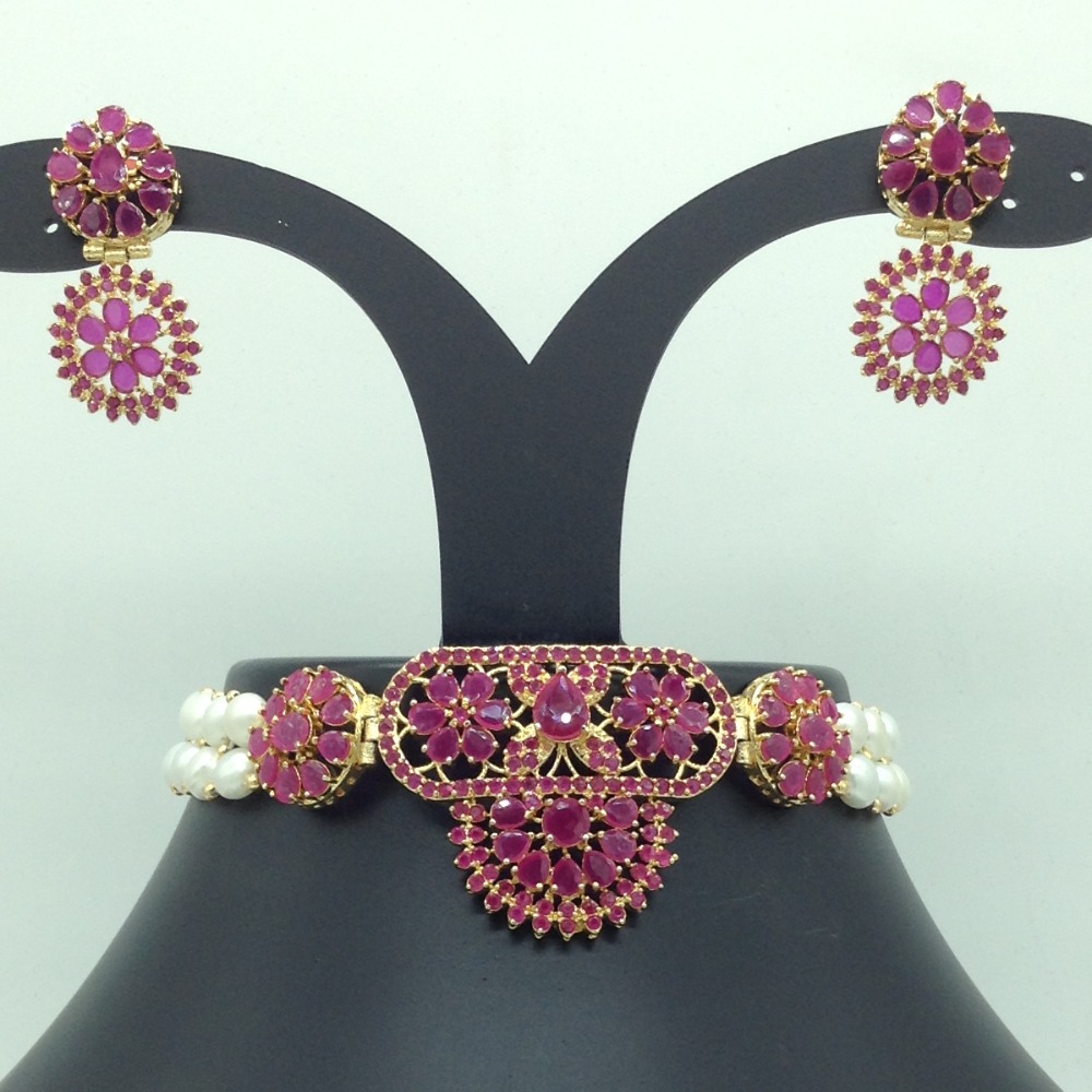 Red CZ Choker Set With 2 Line Button Jali Pearls Mala JPS0581